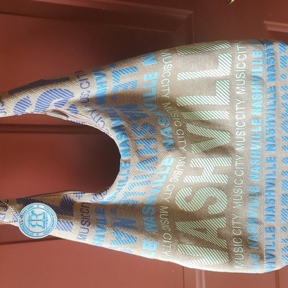 NASHVILLE tote  Robin Ruth tan blue green  w/ Zipper Souvenir Scrabble Poshfest - Picture 5 of 8